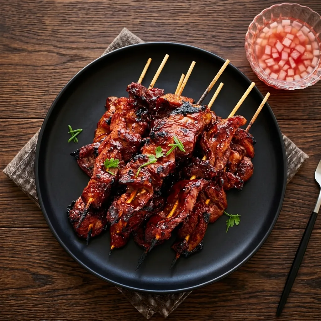 Filipino pork BBQ with assorted sauces at Jeepney Portage La Prairie, MB